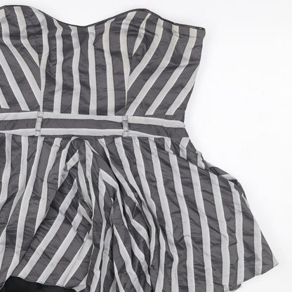 River Island Women Black Grey Stripe Strapless Fit & Flare Dress UK 12