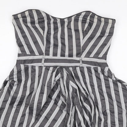 River Island Women Black Grey Stripe Strapless Fit & Flare Dress UK 12