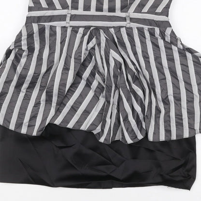 River Island Women Black Grey Stripe Strapless Fit & Flare Dress UK 12