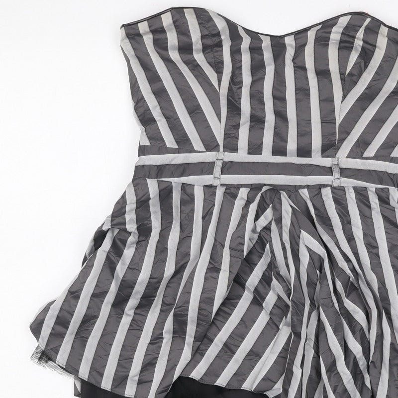 River Island Women Black Grey Stripe Strapless Fit & Flare Dress UK 12