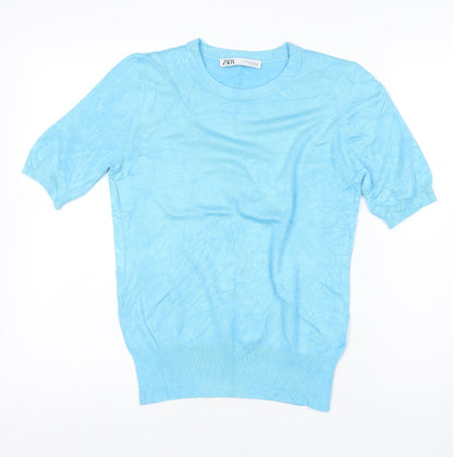 Zara Women Blue S Basic Knit Puff Sleeve Crew Neck T-Shirt
