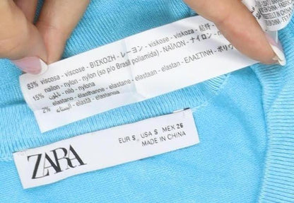 Zara Women Blue S Basic Knit Puff Sleeve Crew Neck T-Shirt