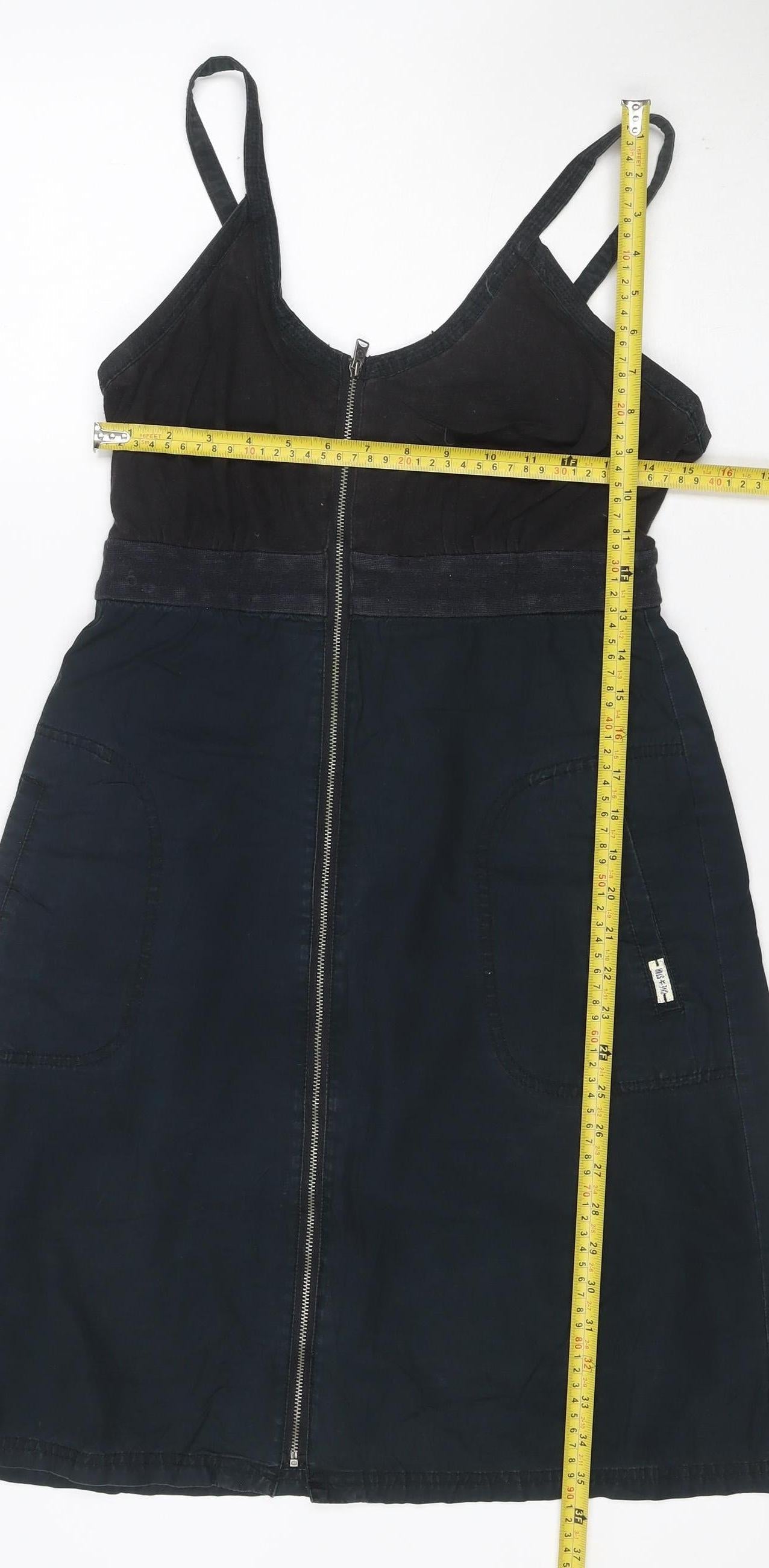 Converse One Star Women Black Size 8 Denim Pinafore Dress Zip Pockets