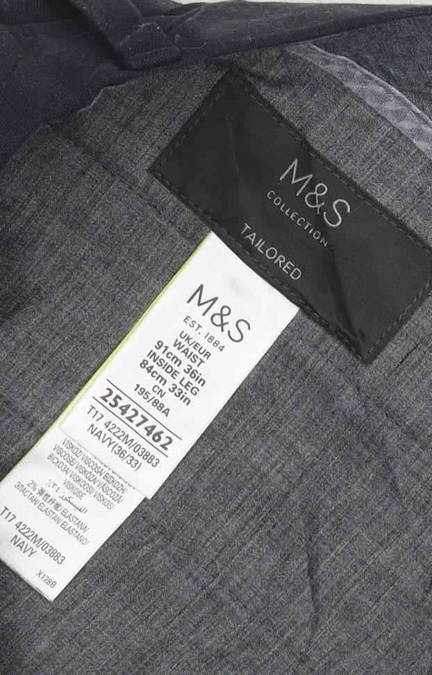 M&S Men’s Black 36W 33L Tailored Straight Dress Trousers Stretch