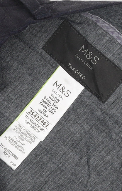 M&S Men’s Black 36W 33L Tailored Straight Dress Trousers Stretch
