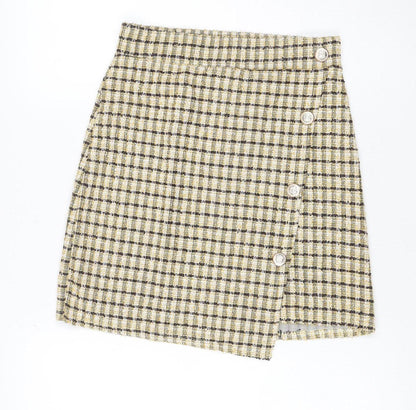 Quiz Women Yellow Check Tweed Wrap Mini Skirt Size 6