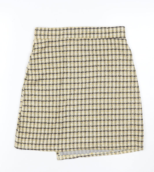 Quiz Women Yellow Check Tweed Wrap Mini Skirt Size 6