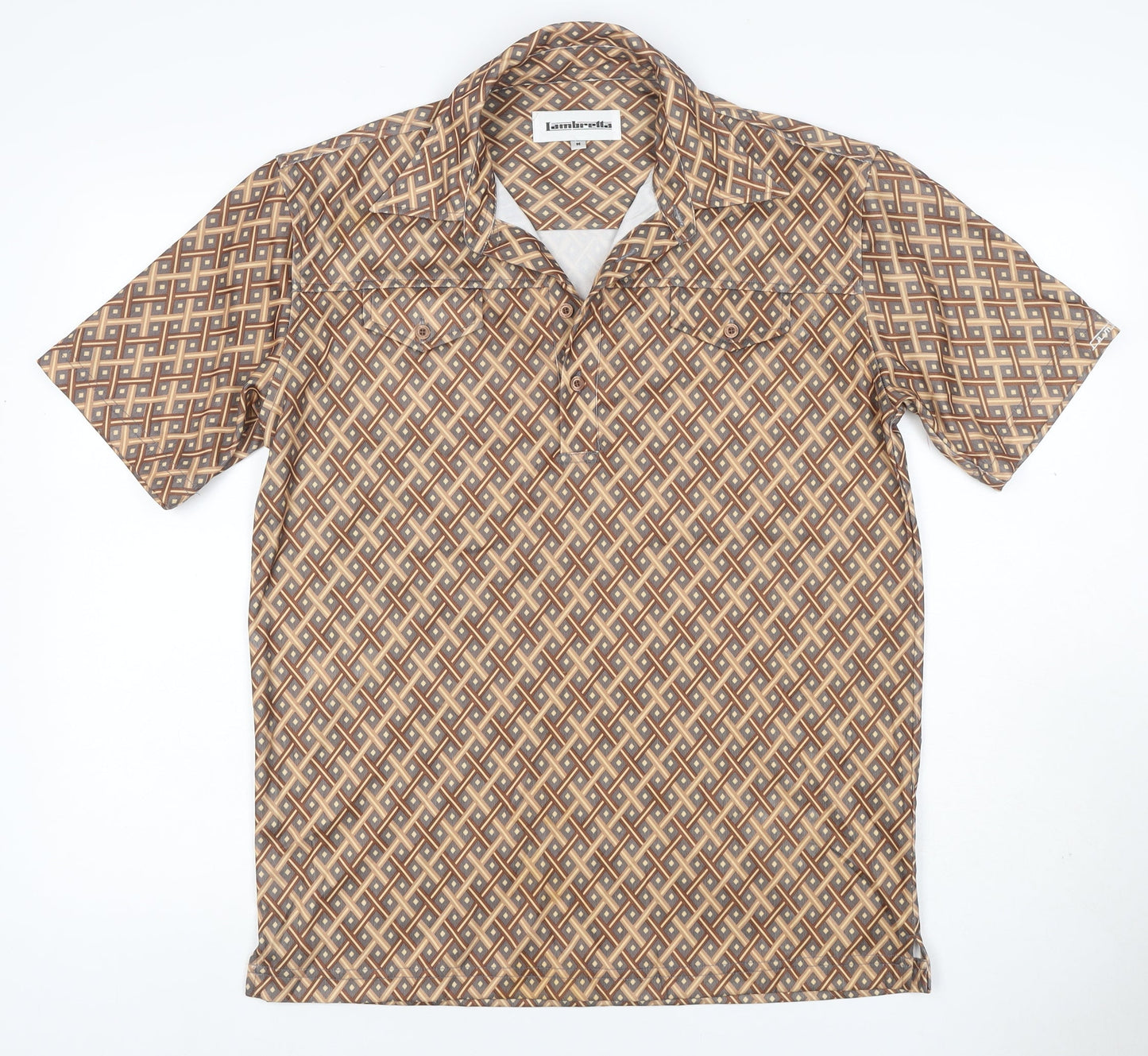 Lambretta Men’s M Brown Geometric Print Short Sleeve Polo Shirt