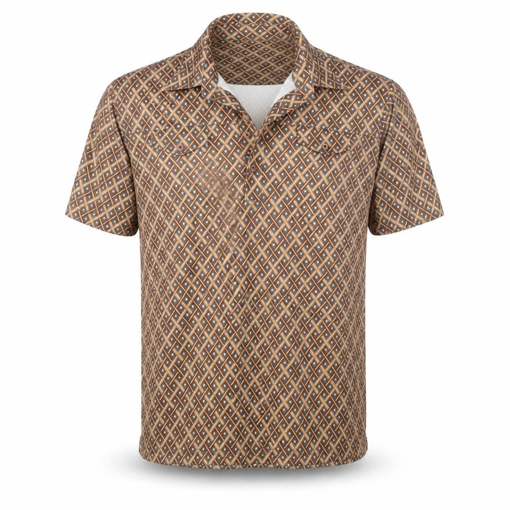 Front view of Lambretta Men’s M Brown Geometric Print Short Sleeve Polo Shirt