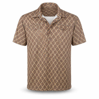 Front view of Lambretta Men’s M Brown Geometric Print Short Sleeve Polo Shirt