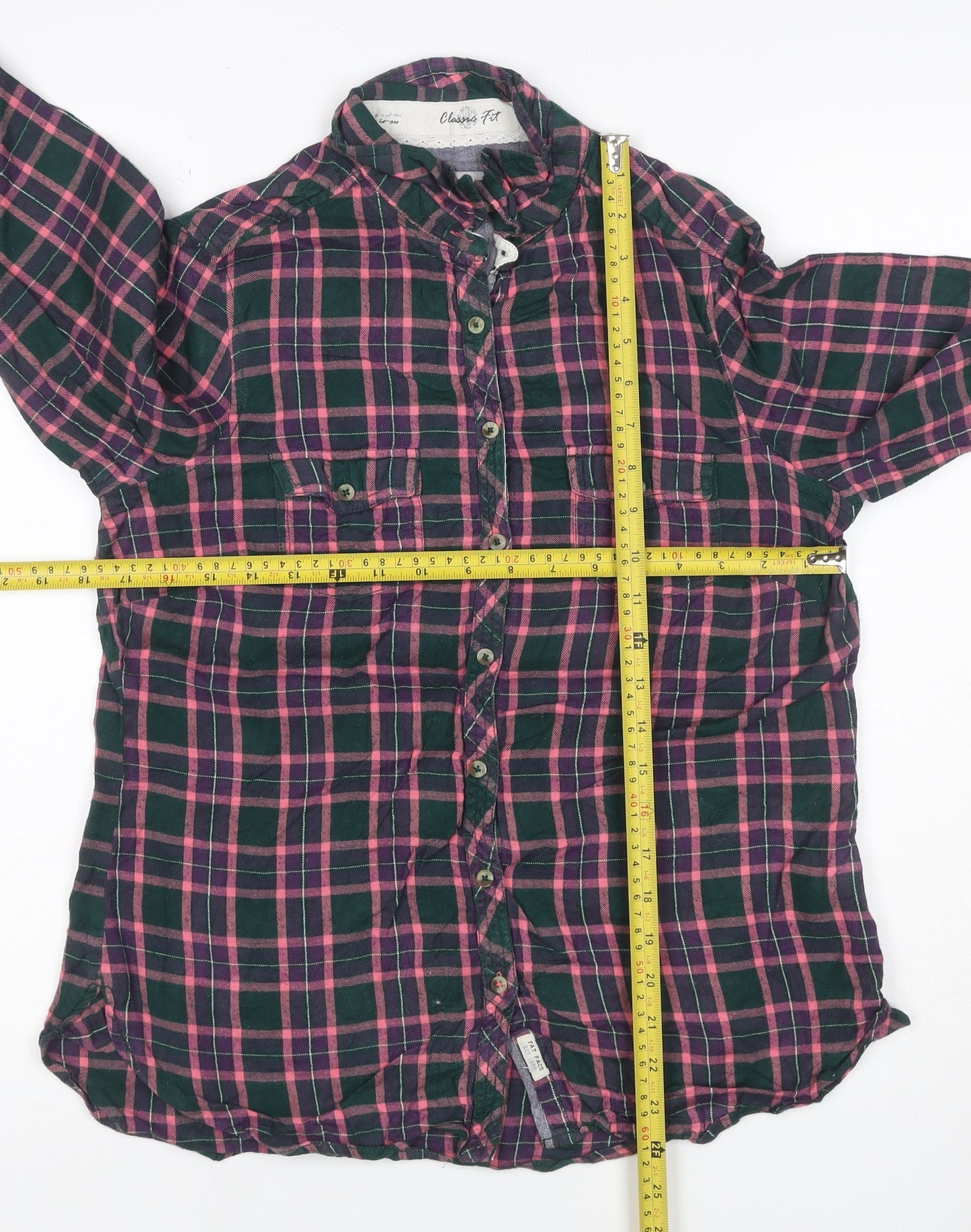 White Stuff Women Green Pink Check Ruffle Shirt UK 12 Long Sleeve