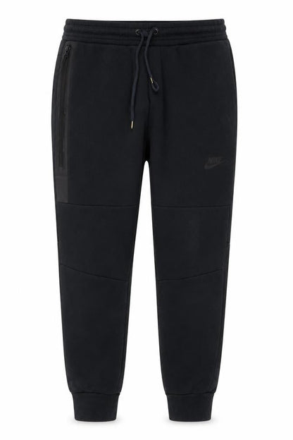 Front view of Nike boys’ black s tech fleece jogger trousers drawstring zip pocket