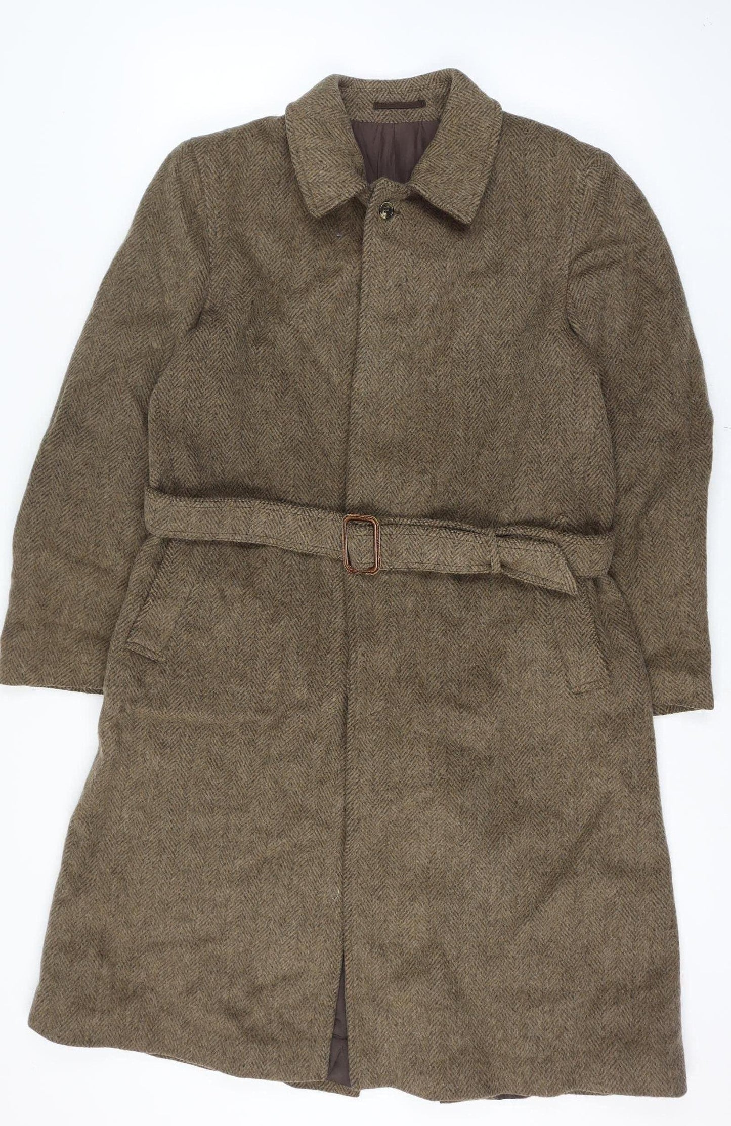 Anthony Best Mens Chest 40 Brown Herringbone Tweed Belted Long Overcoat