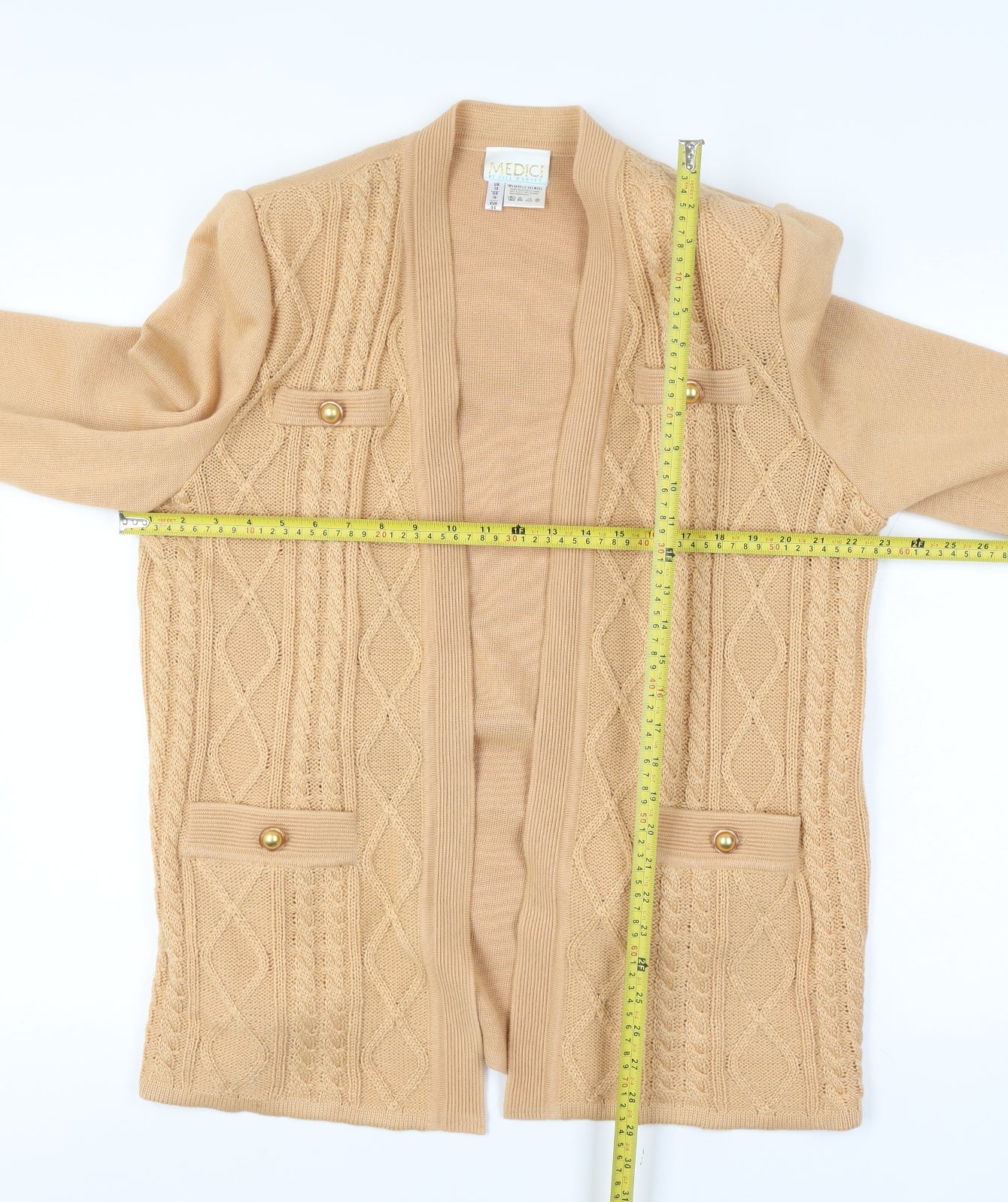 Medici Gill Harvey Women’s Beige UK 18 Cable Knit Open Cardigan