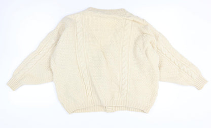 Concept Knitwear Women Size L Ivory Pure Wool Cable-Knit Button Cardigan