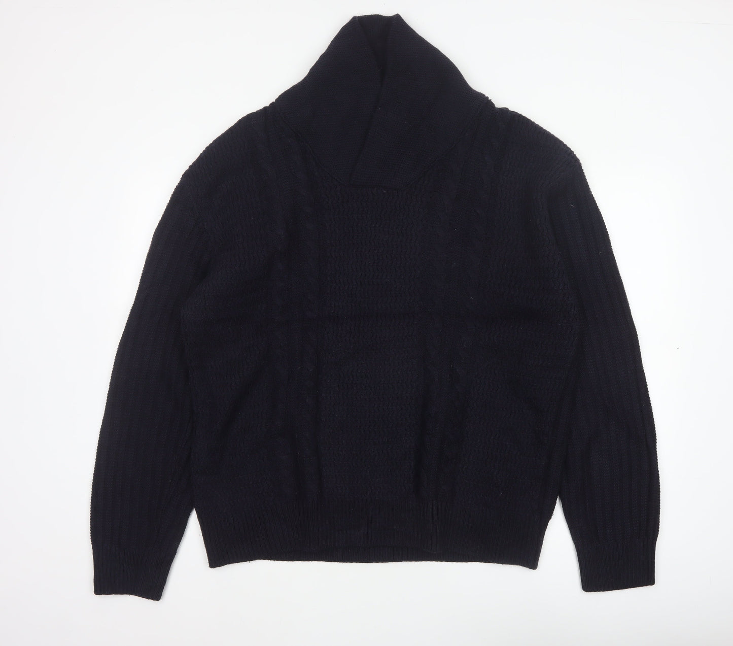 Zara Men Navy 2XL Cable Knit High Neck Pullover Wool Blend Jumper