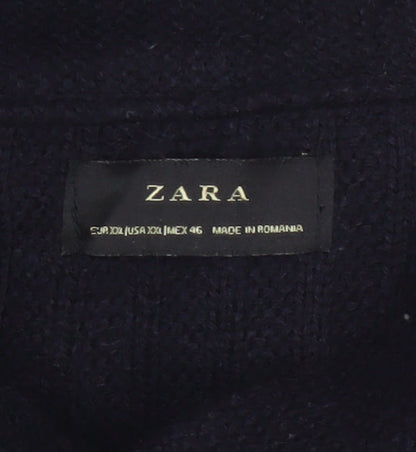Zara Men Navy 2XL Cable Knit High Neck Pullover Wool Blend Jumper