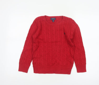 Polo Ralph Lauren Boys Red Cable Knit Cotton Jumper Size 7 Years