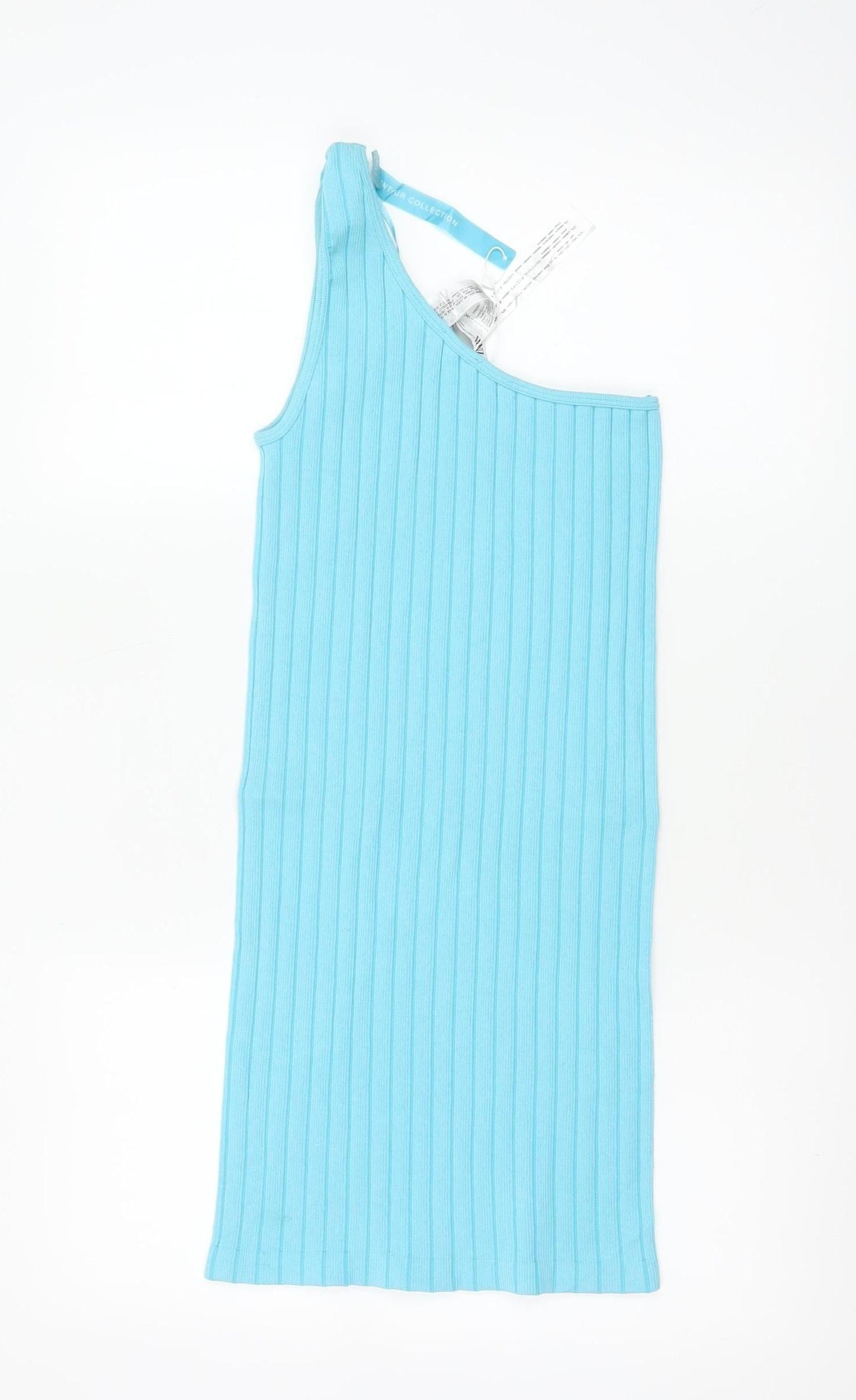 Zara Women Blue XS One Shoulder Ribbed Knit Bodycon Knee Dress