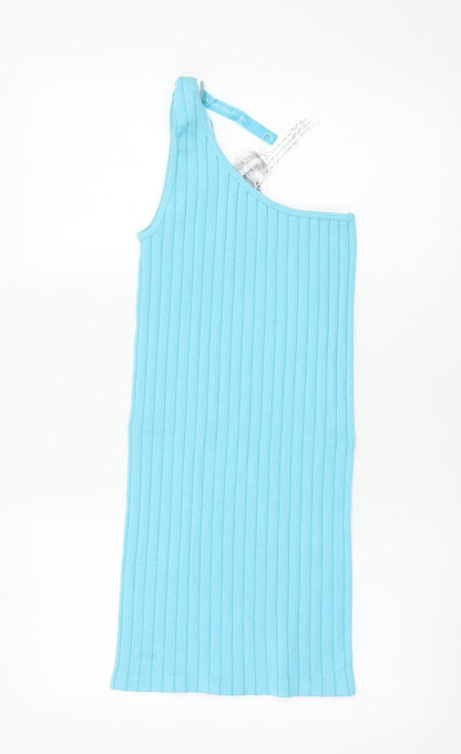 Zara Women Blue XS One Shoulder Ribbed Knit Bodycon Knee Dress