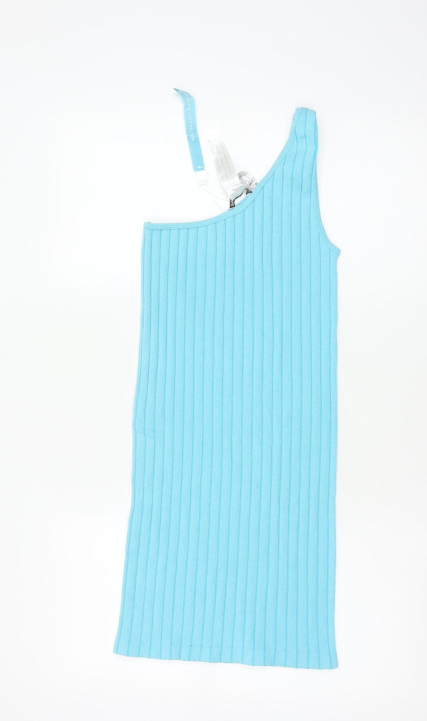 Zara Women Blue XS One Shoulder Ribbed Knit Bodycon Knee Dress