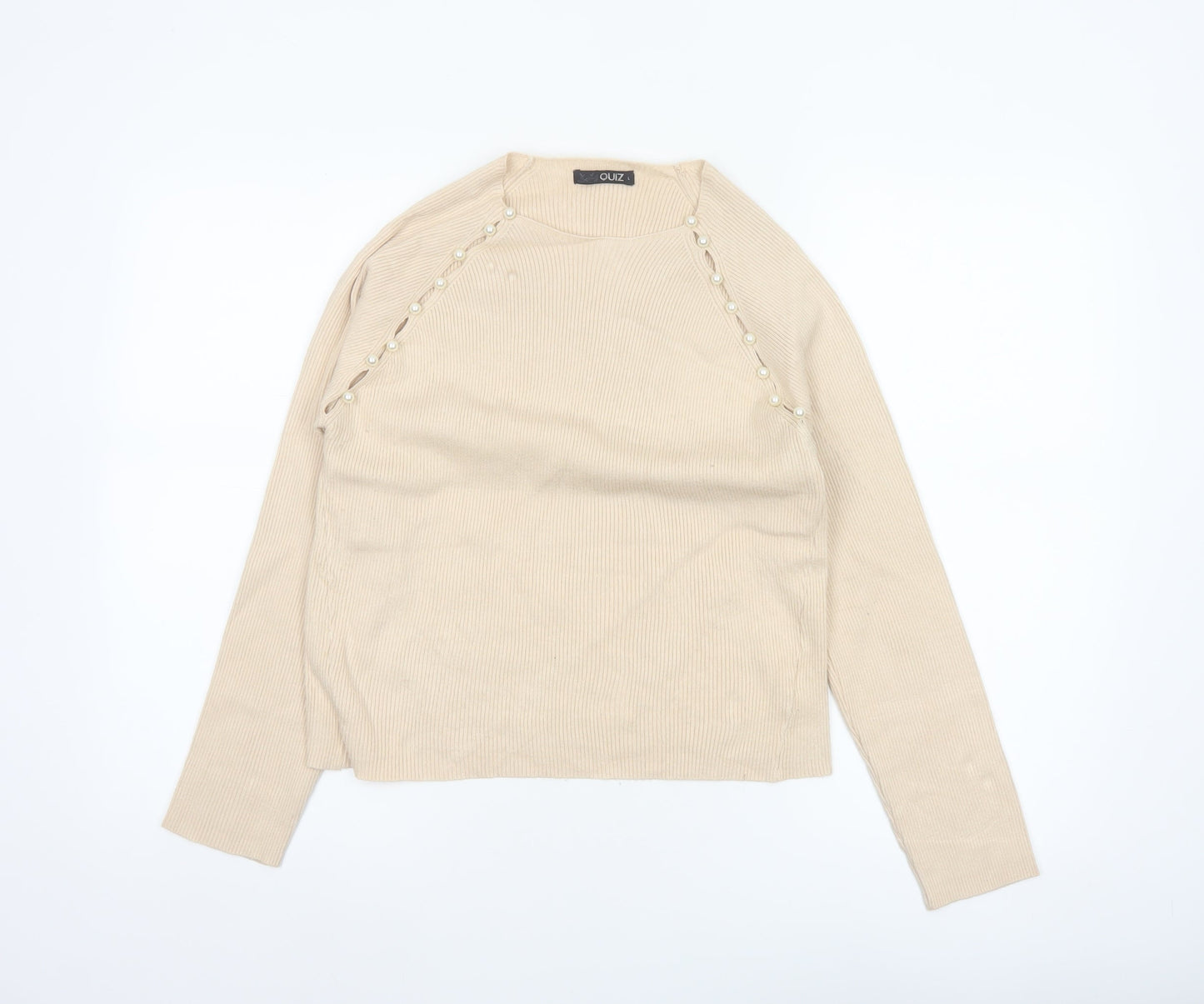 Quiz Women Beige L Ribbed Pearl Button Raglan Scoop Neck Jumper