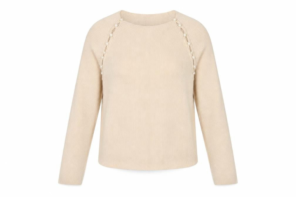 Quiz Women Beige L Ribbed Pearl Button Raglan Scoop Neck Jumper