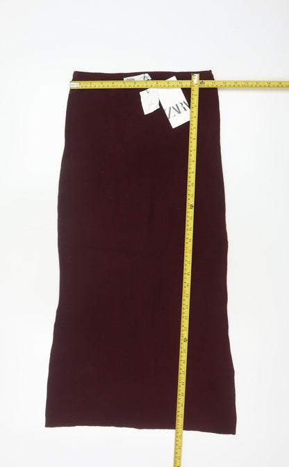 Zara Women Red S Rib Knit Maxi Pencil Skirt Wool Blend NWT
