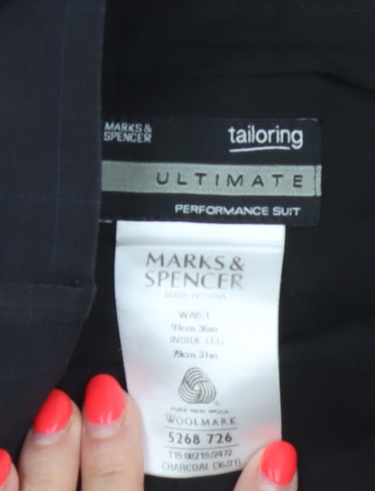 Marks & Spencer Men Grey Check Wool Dress Trousers 36W 31L