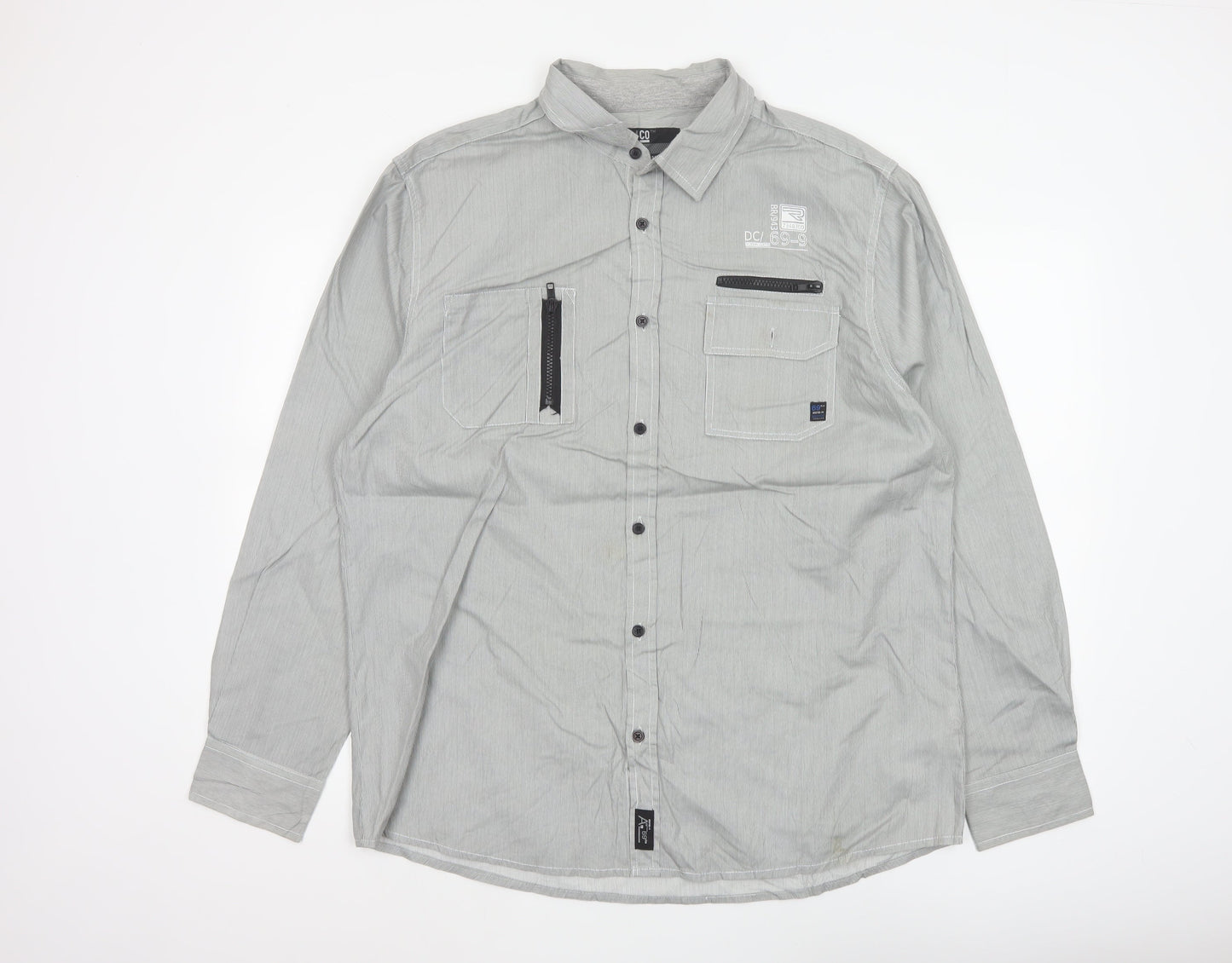 Denim Co Men Grey Striped XL Utility Button-Up Long Sleeve Shirt