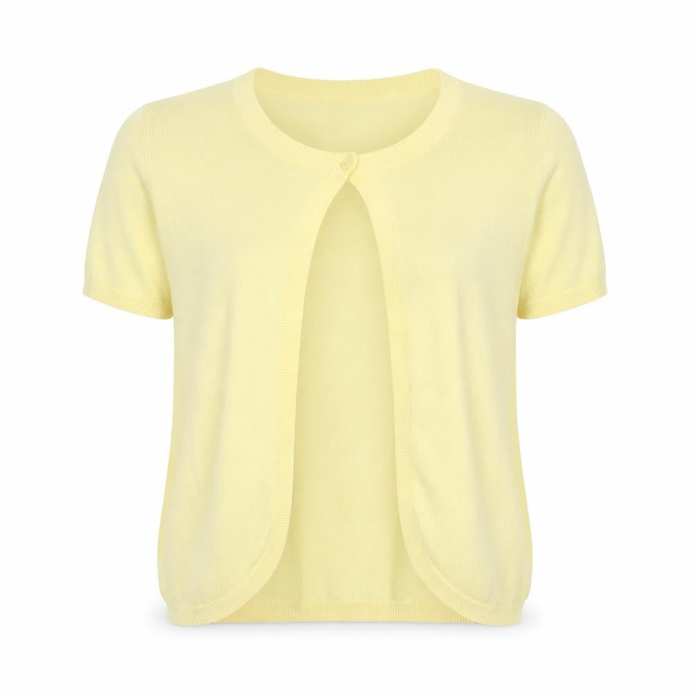 Front view of Red Herring Women Yellow, size 10, Short Sleeve Knit Button Cardigan