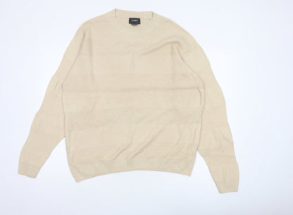 Pull&Bear Men Beige M Cotton Crew Neck Striped Knit Pullover Jumper
