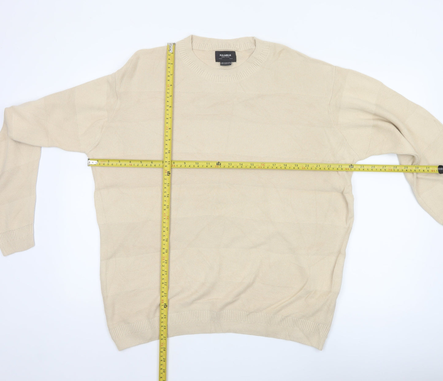Pull&Bear Men Beige M Cotton Crew Neck Striped Knit Pullover Jumper