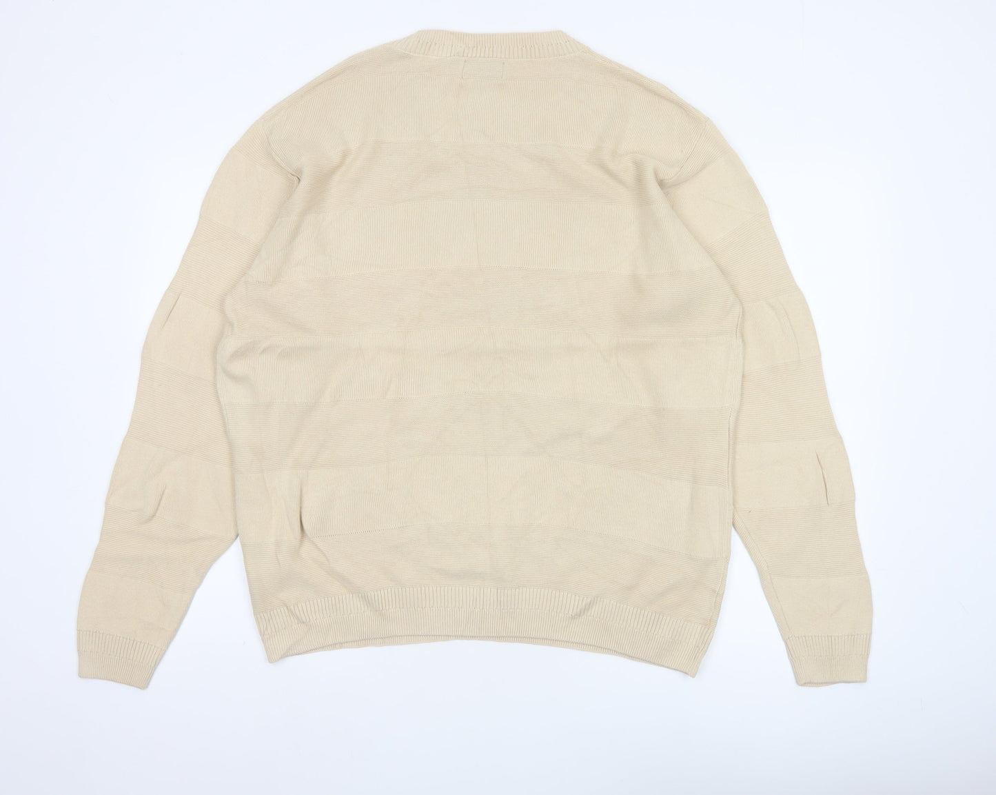 Pull&Bear Men Beige M Cotton Crew Neck Striped Knit Pullover Jumper