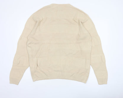 Pull&Bear Men Beige M Cotton Crew Neck Striped Knit Pullover Jumper