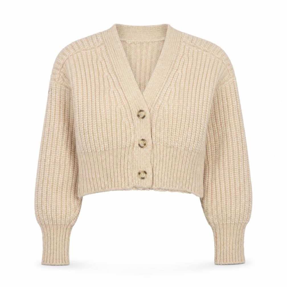 Zara Women Beige S Chunky Knit V-Neck Button Cardigan Alpaca Blend