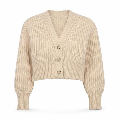 Zara Women Beige S Chunky Knit V-Neck Button Cardigan Alpaca Blend