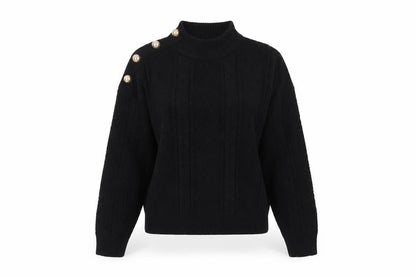 Mango Women Black UK 12 Cable-Knit High Neck Button Pullover Jumper