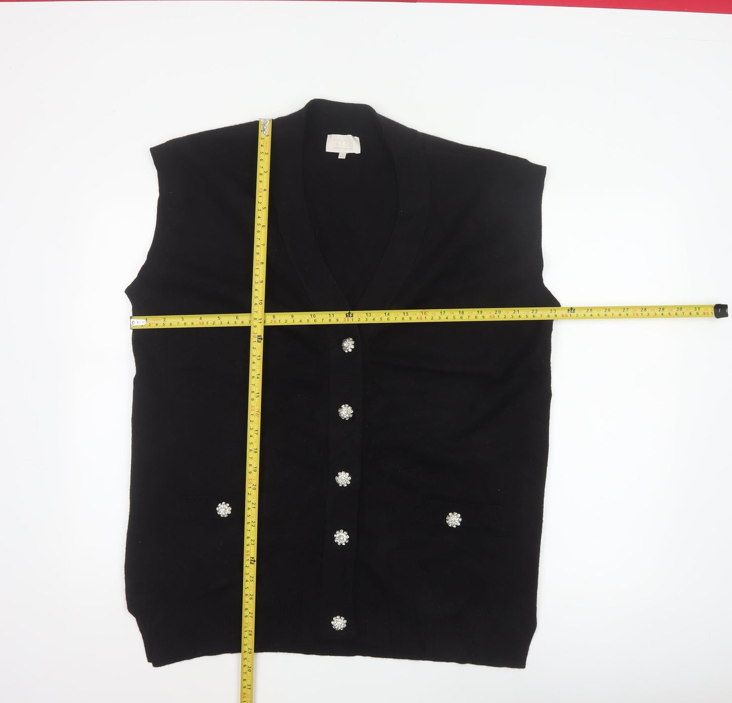 Mint Women Black XL Sleeveless V-Neck Knit Jewel Button Cardigan Vest