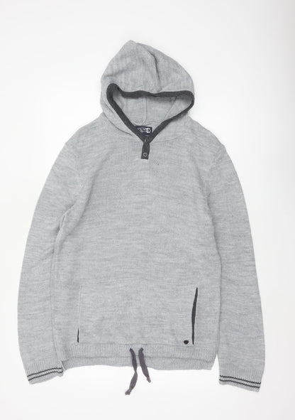 Rover Island Men's Grey S Hooded Henley Jumper Acrylic Knit Pockets