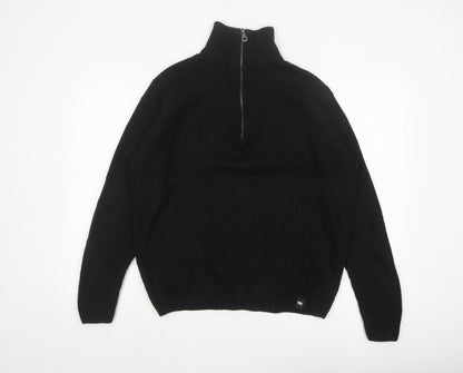 Pull&Bear Men Black M Chunky Knit Half Zip High Neck Jumper