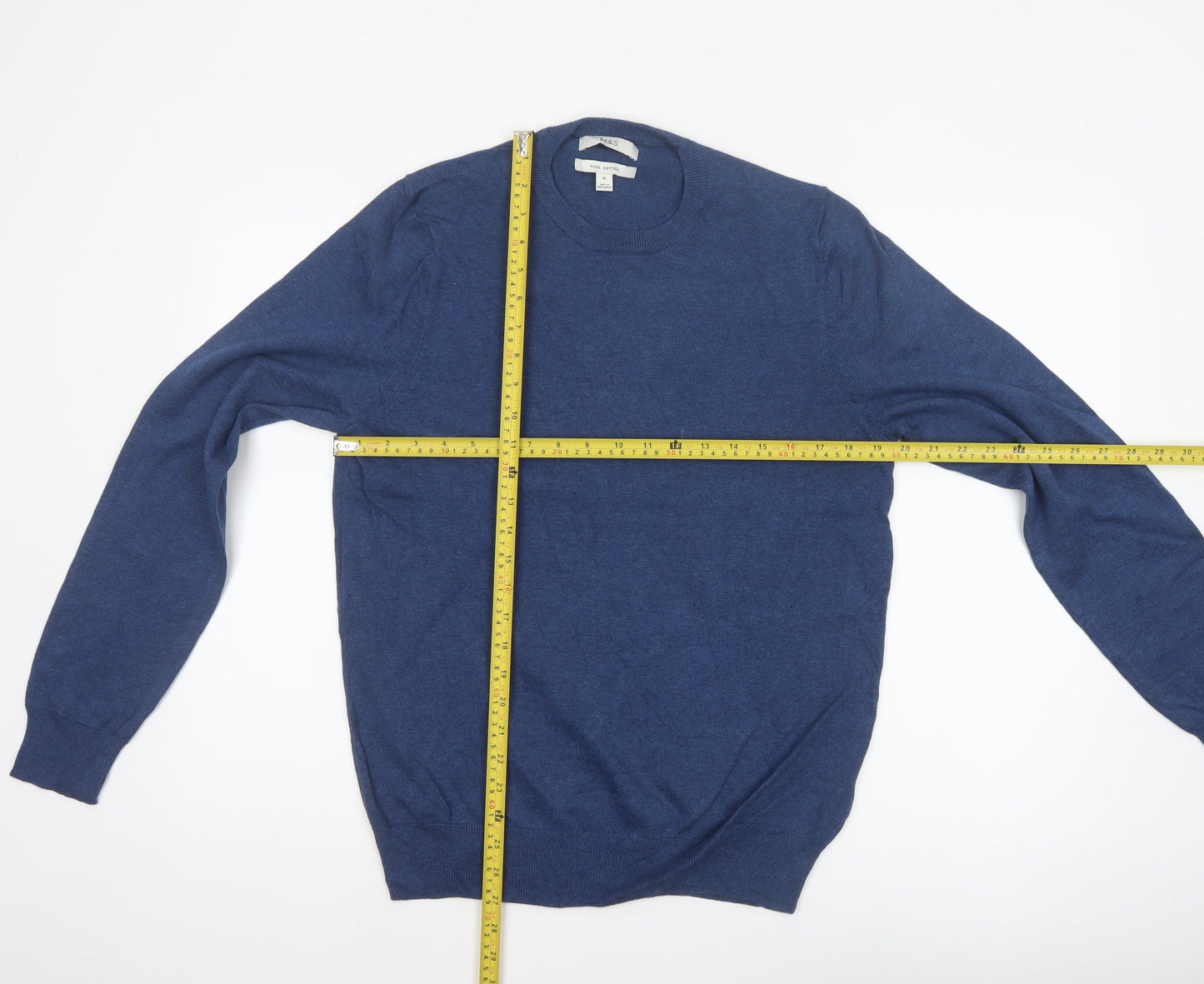 Marks and Spencer Men Blue M Pure Cotton Crew Neck Pullover Jumper