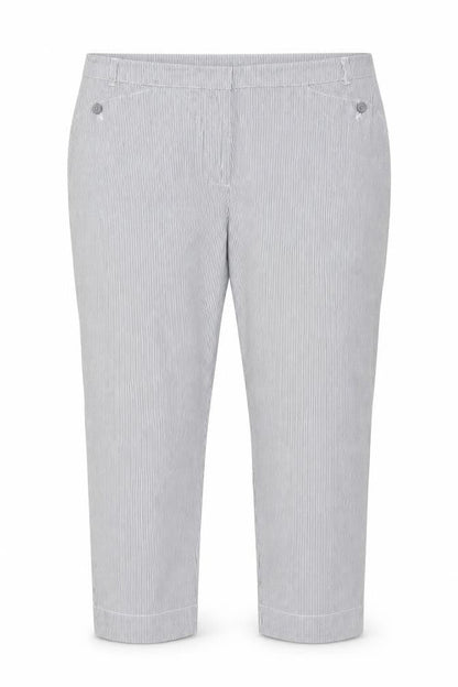 Front view of Jaeger Women Grey Pinstripe Cotton Tapered Chino Trousers UK 16