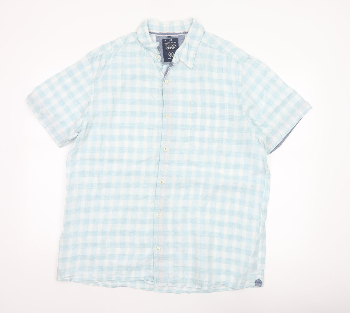 Boston Crew Men's Blue Check Linen Short Sleeve Button-Up Shirt L