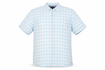 Boston Crew Men's Blue Check Linen Short Sleeve Button-Up Shirt L