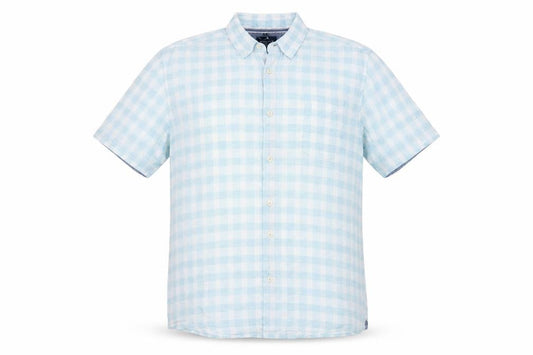 Boston Crew Men's Blue Check Linen Short Sleeve Button-Up Shirt L