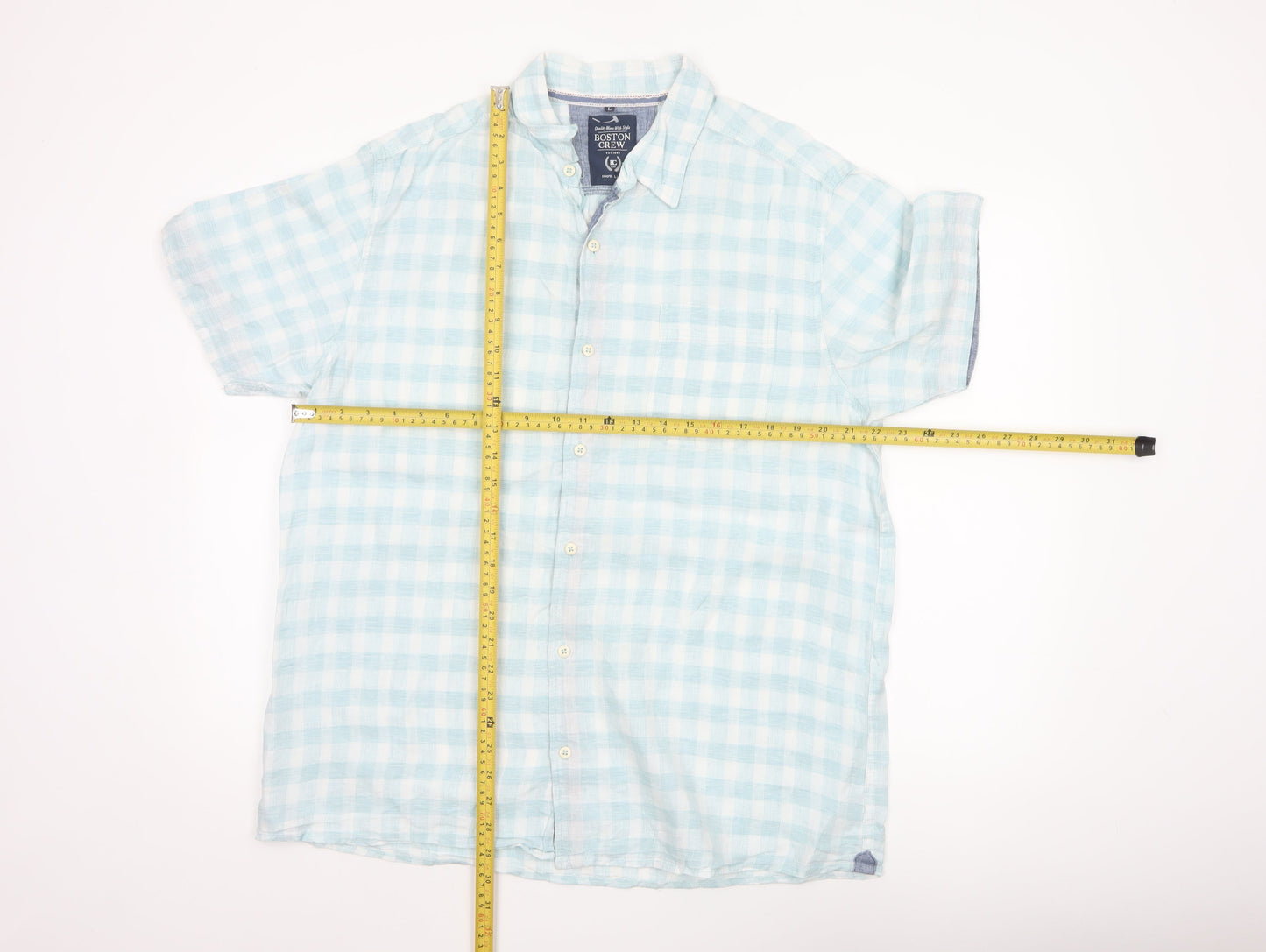 Boston Crew Men's Blue Check Linen Short Sleeve Button-Up Shirt L