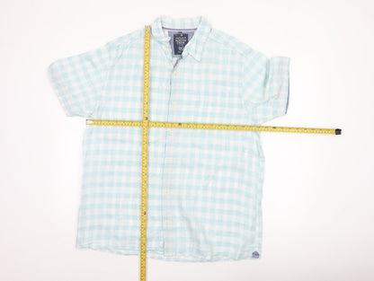 Boston Crew Men's Blue Check Linen Short Sleeve Button-Up Shirt L