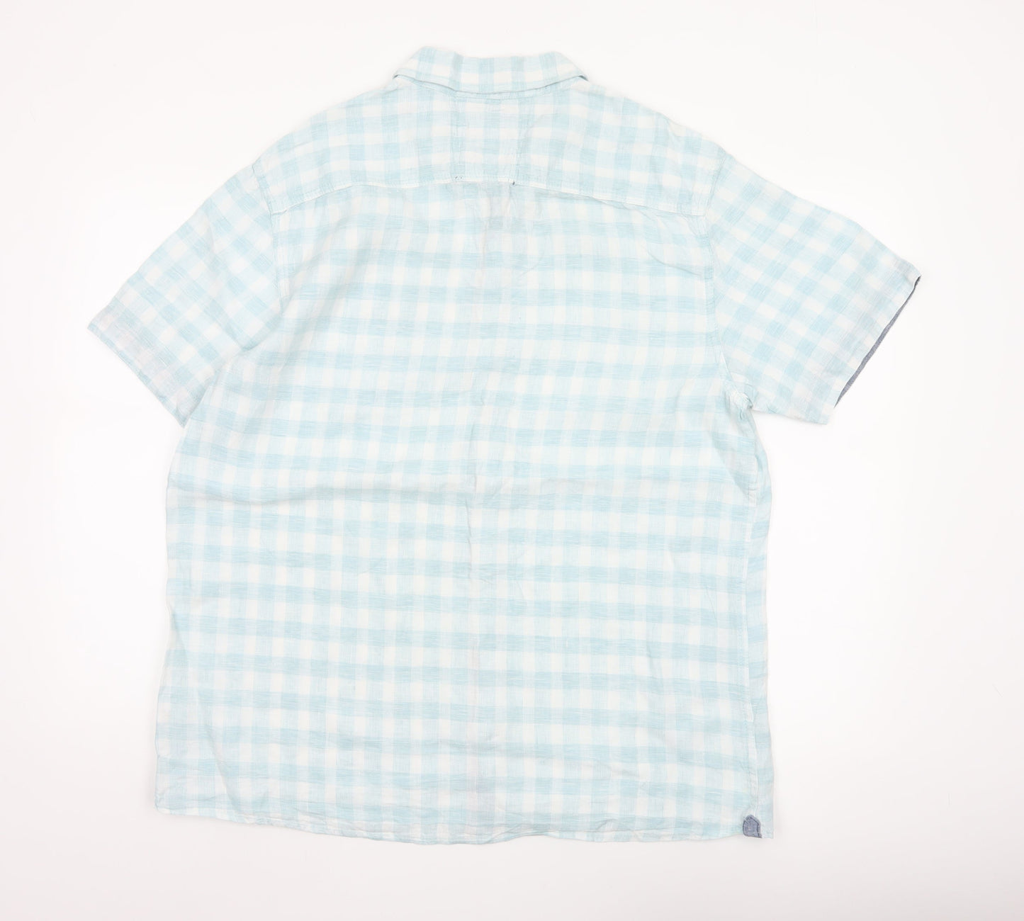 Boston Crew Men's Blue Check Linen Short Sleeve Button-Up Shirt L