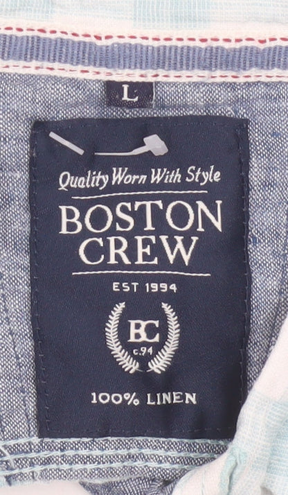 Boston Crew Men's Blue Check Linen Short Sleeve Button-Up Shirt L